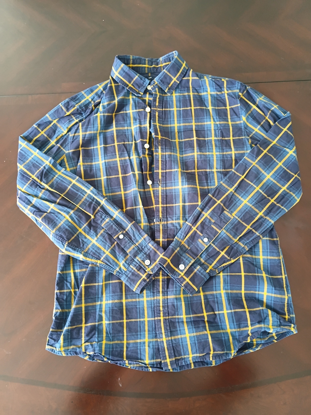 GAP Men's Navy Blue & Yellow Plaid Button-Down Slim Fit Shirt